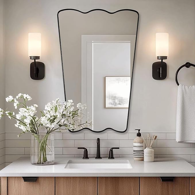 ANDY STAR Scalloped Mirror for Bathroom, 24x36 Inch Matte Black Butterfly Mirror for Living Room,Fireplace, Rustproof Stainless Steel Metal Frame, Hang Vertical or Horizontal