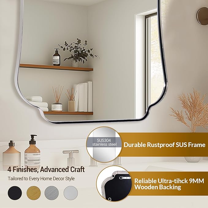 ANDY STAR 30"x40" Chrome Bathroom Mirror, Decorative Scalloped Shape Wall Mirror with Stainless Steel Frame, Modern Wave-Edge Design for Vanity, Hallway, Lounge Decor