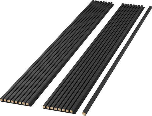 Modern 94” L x 11.25” W Acoustic Slat Wall Panels with End Cap – Wood Sound-Dampening Wall Treatment for Home, Office & Studio – 2-Piece Decorative Noise-Reducing Wall Panel Set (Black)