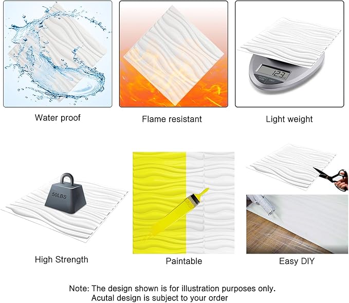 Art3d 19.7" x 19.7" (Pack Of 12) Wall Panel Wave, White