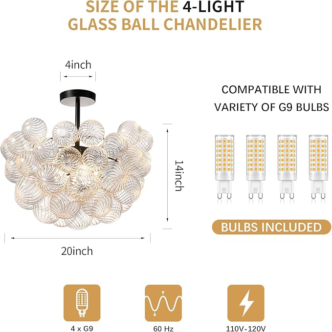 Bubble Ball Semi Flush Mount Ceiling Light Fixture,Dia 20 Inch Bubble Close to Ceiling Light Fixtures,Black Glass Crystal Semi Flush Light Fixture