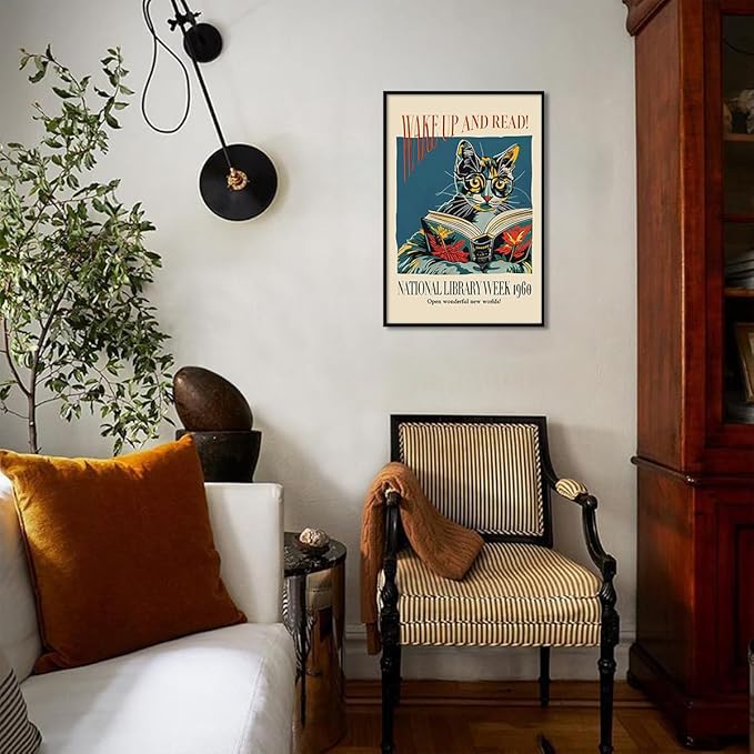 Cat and Book Poster, Wake Up and Read Inspiring Wall Art Canvas, Retro 1960 National Library Week Wall Art, Reading Art for Book Lover, Classic Gallery Wall Decor 24x36in Framed
