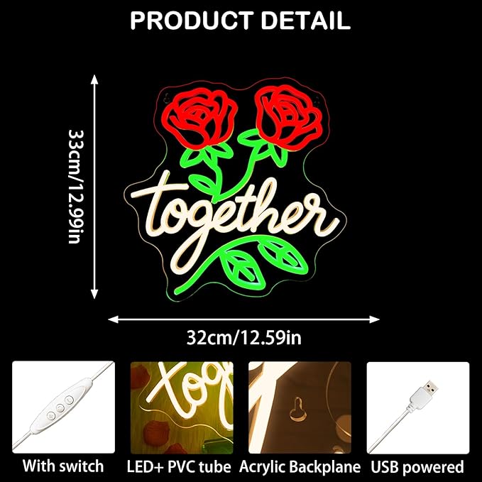 Looklight Together Neon Sign Wedding Neon Signs for Wall Decor Flower Light Happy Anniversary Sign Rose Wall Decor Led Lights for Anniversary Celebration Wedding Party Bedroom Home Decorations Gifts