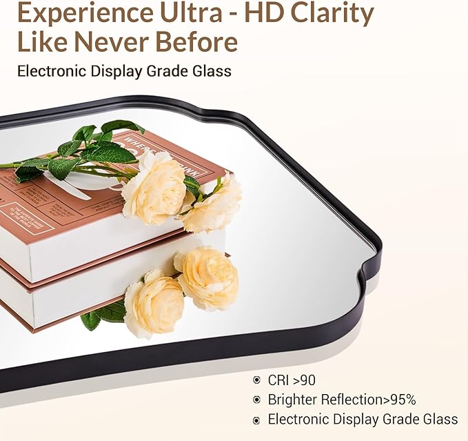 ANDY STAR Bathroom Vanity Mirror, 24x36 Matte Black Rectangle Mirror with Scalloped Round Corner, Vintage Asymmetrical Metal Wall Mirror for Entryway, Living Room