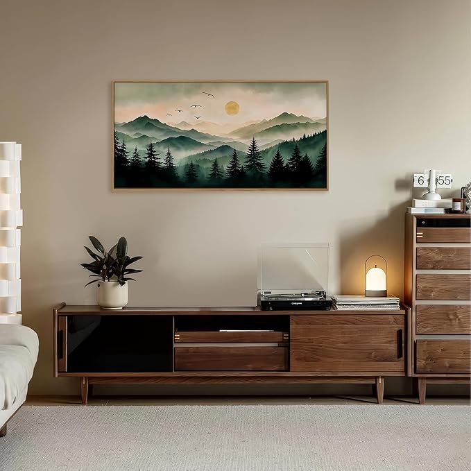 Ausril Misty Forest Framed Canvas Wall Art Set, Boho Mountain Landscape Wall Decor, Pine Tree Wall Painting, Nature Sunrise Art Prints for Living Room, Bedroom, Dining Room, Office - Large 20"x40"x1