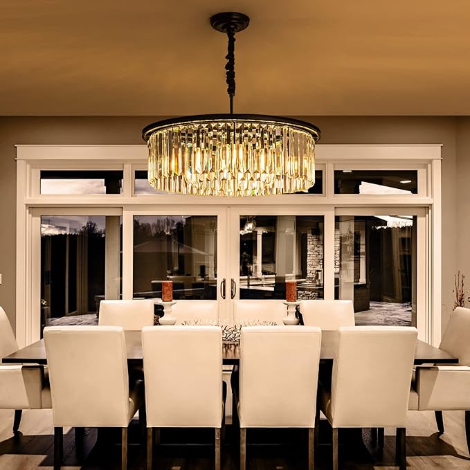 23" 8-Light Modern Crystal Chandelier Light Fixtures 2 Rings Black Luxury Chandeliers for Dining Room Round Hanging Pendant Lighting for Living Room Kitchen Entryway Bedroom