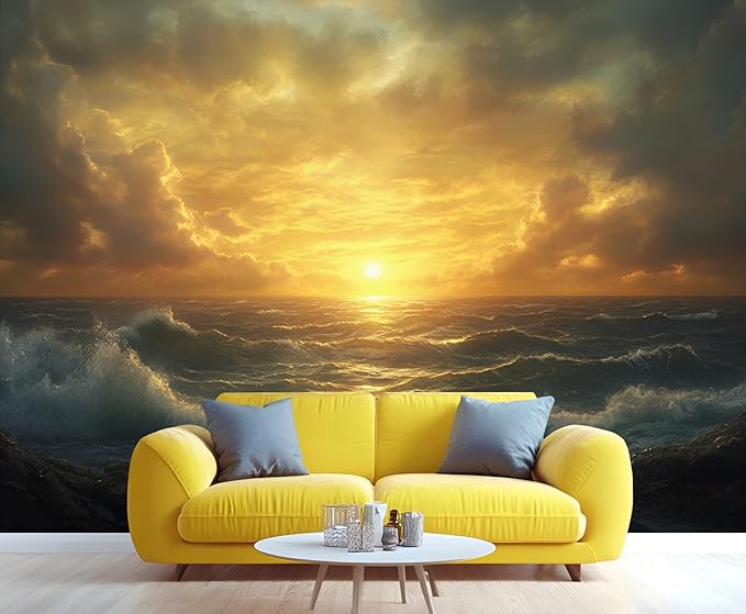 Coastal Mural Wallpaper, Ocean Sunset Murals, Ocean View Murals Wallpaper for Living Room Bedroom Home Decor Mural - 157.5" W x 110.6" H (Not Peel Stick)