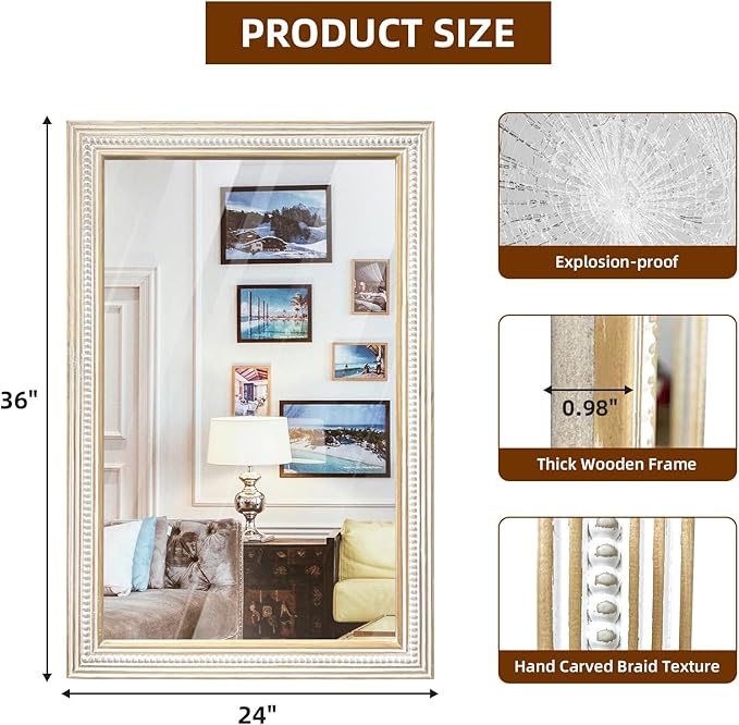 36x24 Inch Farmhouse Wooden Rectangle Mirrors for Wall with Beaded, Boho Decorative Rectangular Mirror for Bathroom, Living Room, Entryway, Foyer (Horizontal/Vertical Mount)
