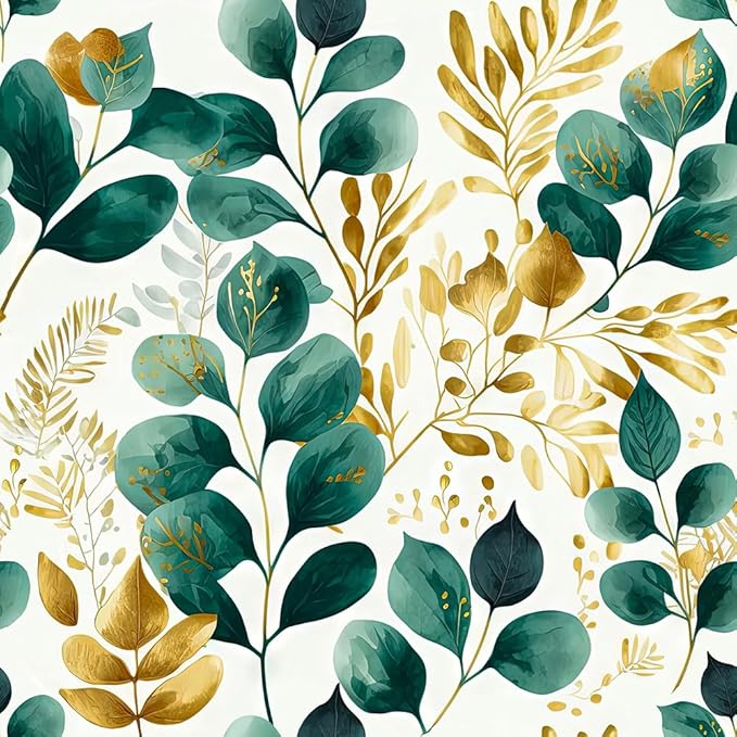 Modern Watercolor Green Golden White Plants Leaf Botanical Peel and Stick Wallpaper Wall Decor Self Adhesive Wall Paper Stick on Easy Peel Off Contact for Renter Apartment