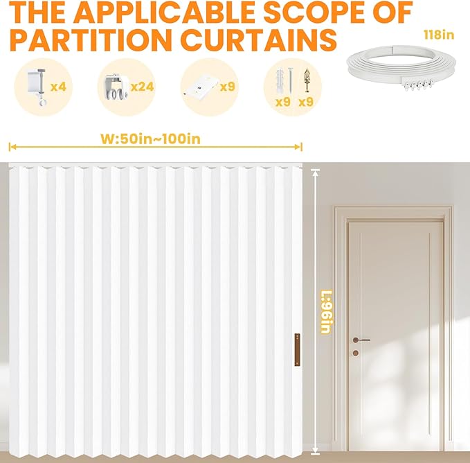 100% Blackout Room Divider Curtains - Total Privacy Curtain Panel, Thermal Insulated Noise Reduction Curtains for Bedroom Windows, Include Ceiling Curtain Track(White, W100 x L96, 1 Pack)