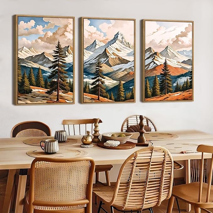 Large Woodcut Style Mountains Framed Canvas Wall Art,Vintage Pine Trees Wall Decor,Boho Natural Snow Ridge Artwork,Modern Woodland Landscape Art Print for Living Room,Bedroom,Office- 24"x36"x3