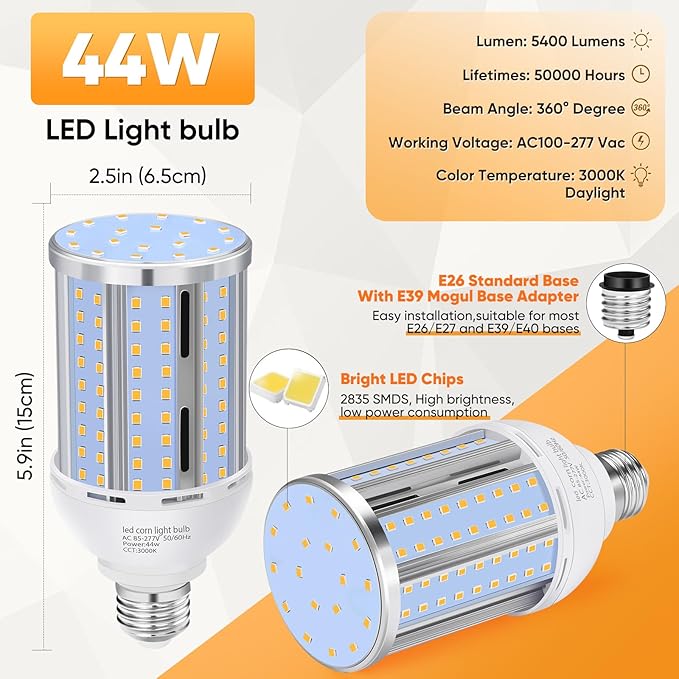 44W LED Corn Light Bulb(2 Pack),Fanless,(390 Watt Equivalent) E26/E39 Medium/Large Mogul Base LED Cob Lamp 3000K Warm white 5,900LM for Outdoor Indoor Garage Warehouse Factory Workshop Street Backyard