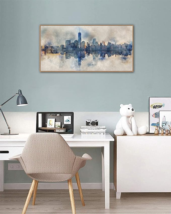 NYC Framed Canvas Wall Art Abstract Painting Wall Decor Indigo Blue Gray Panoramic Art Print New York Skyline Reflection Pictures Artwork Modern City Landscape Living Room Bedroom Decoration 20" x 40"