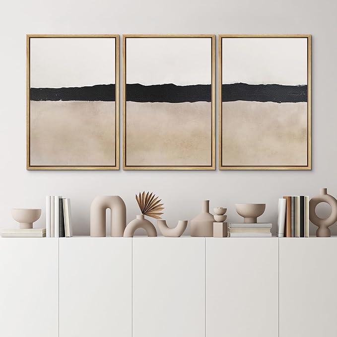 MUDECOR Framed Wall Art Print Set Minimalist Abstract Black Horizontal Brushstroke Illustrations Modern Art Boho Decorative Colorful Chic for Living Room, Bedroom, Office - 24"x36"x3 Natural