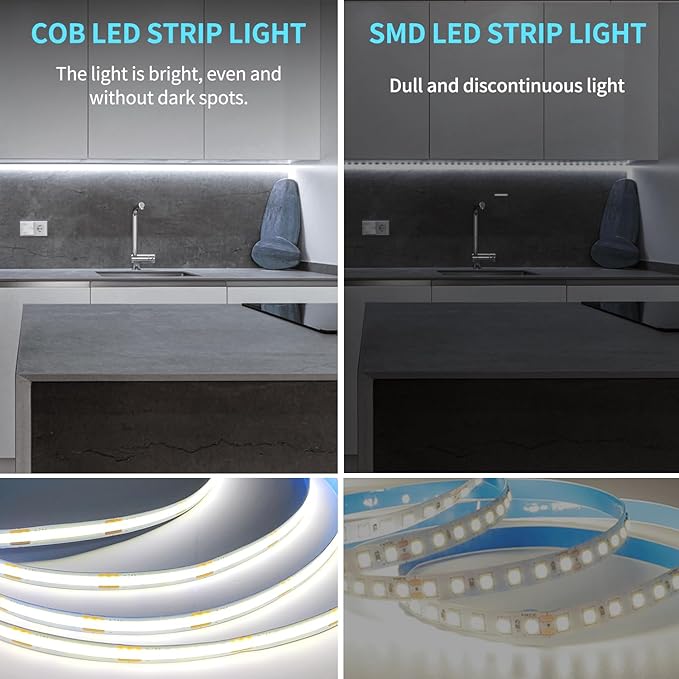 50FT COB LED Strip Lights DC 24V Dimmable 6000K White Flexible LED Tape Light for Bedroom, with Remote and app Control LED Tape Lights CRI90+,for DIY Home Decoration