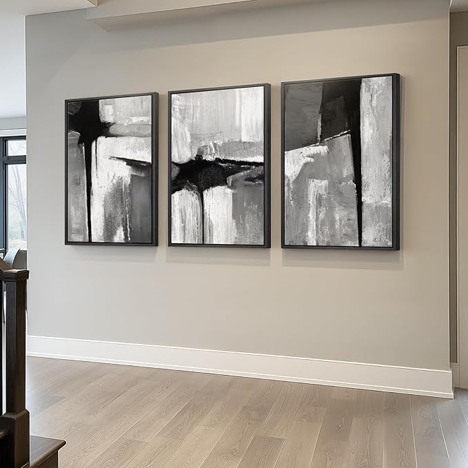 Large Framed Black and White Gray Abstract Wall Art, 3 Piece Modern Canvas Prints Paintings Artwork for Walls, Grey Abstract Pictures for Living Room Hallway Bedroom Office Wall Decor Total 30x60 In