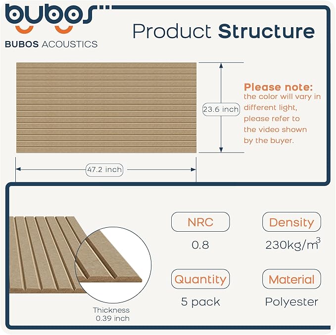 BUBOS 5 Pack Large Acoustic Panels,47.2" X 23.6" Self-Adhesive Acoustical Wall Panel, Sound Proof Panel for Office, Decorative Soundproof Wall Panels for Home Studio (Dark Camel)