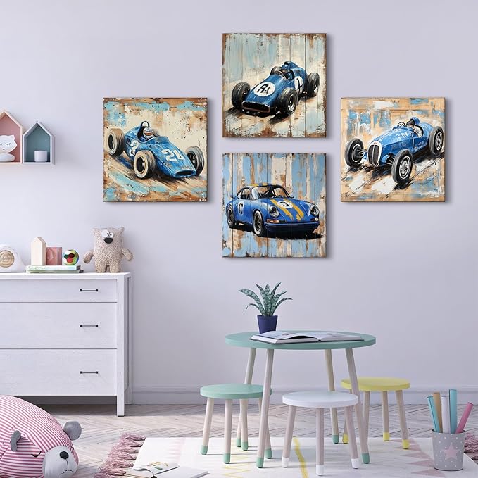 Kids Wall Art Trucks Wall Decor Rustic Farmhouse Racing Car Wall Art for Nursery Room Kindergarten Dormitory Home Decorations Cartoon Themed Vehicles Poster Toddler Boys Modern Artworks 20x20" 4 Pcs