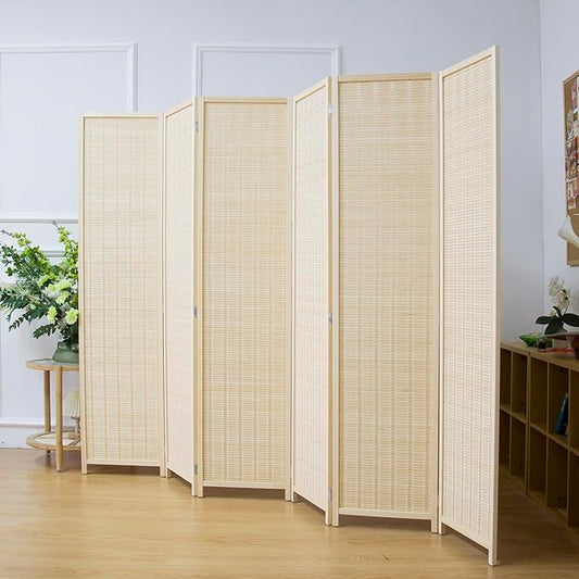 6 Panel Bamboo Room Divider, 5.6 FT Tall Folding Privacy Screen, Freestanding for Room Separation, Beige