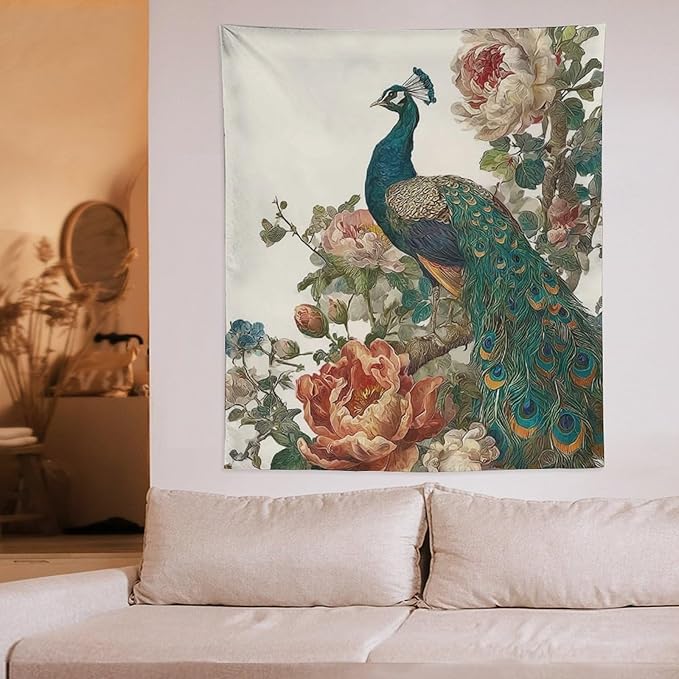UUKXKUU Peacock Oriental Retro Blooming Flowers Tree Tapestry Wall Decor Large Wall Art Backdrop Flag Hanging for Bedroom Living Room Dorm Office 50"×60"