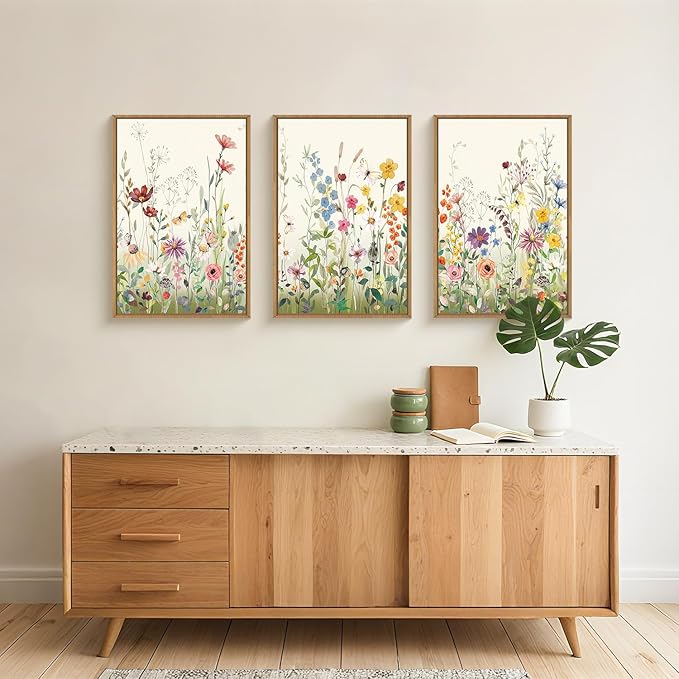 Aryroi Watercolor Colorful Wildflower Framed Canvas Wall Art Set,Modern Nature Flower Wall Decor,Natural Pink Green Floral Botanical Artwork for Living Room, Bedroom,Farmhouse- 16"x24"x3