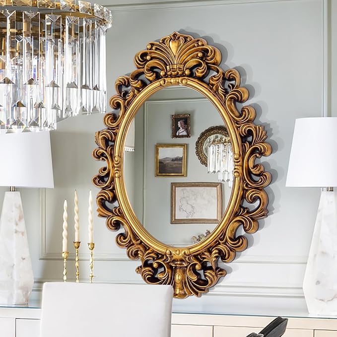 Antique Gold Oval Mirror, Decorative Mirrors with Baroque Framed, 29'' x 41'' Ornate Vinatge Gold Wall Mirror for Living Room Dining Room Bedroom Entryway Fireplace