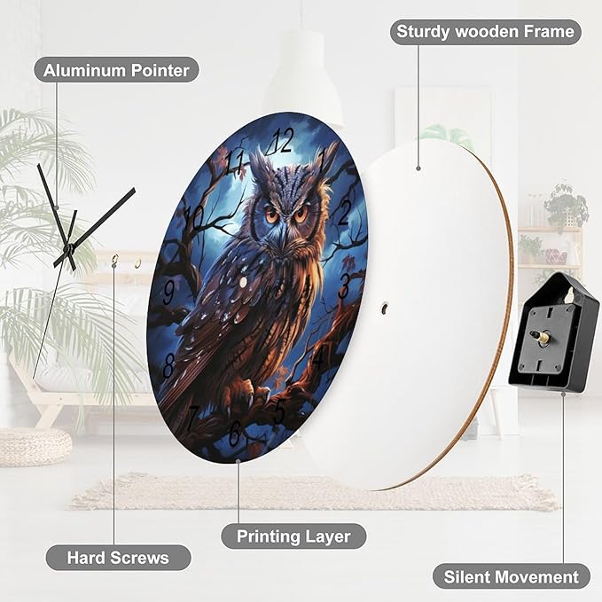 Owl Cartoon Round Wall Clock, Night Forest Branch Owl Watercolor Art, Personalized Decorative Wooden Silent Wall Wall Clock for Teenagers' Rooms and Bedrooms 12x12INCH
