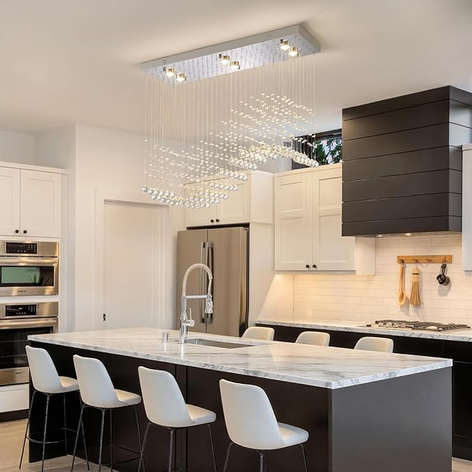 Modern Silver Crystal Raindrop Chandelier: 31.5" Rectangle Dimmable Lighting with Remote - Contemporary Chrome Wave Ceiling Light for Kitchen Dining Room Living Room Staircase Foyer Entryway Bedroom