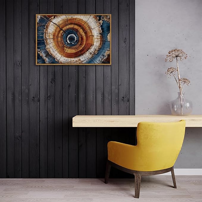 BingruiArt Framed Tree Ring Canvas Wall Art Abstract Wood Wall Decor Boho Modern Colorful Nature Painting Wood Stump Prints Pictures for Living Room Bedroom Bathroom Office 16"x24" Natural Framed(05)
