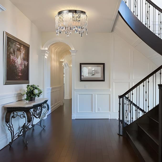 Modern Crystal Chandelier Chrome Round Semi Flush Mount Ceiling Light Fixture,Dimmable LED Close to Ceiling Light for Living Room, Bedroom, Hallway, Dining Room, Hallway Entryway Kitchen