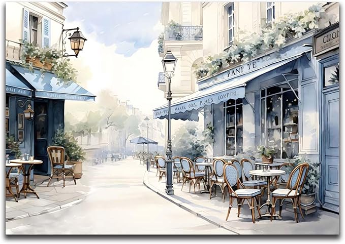 Modern Framed Street View Wall Art European Coffee Shop Canvas Print, Contemporary City Scene Painting, Vintage Cafe Artwork for Kitchen Dining Room Living Room, Bedroom Home Decor, Multi Size