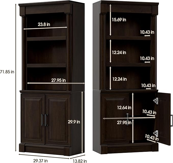72" Roman Column Bookcase with Double Door Cabinet, 5 Tiers Tall Bookshelf Storage and Anti Tip Kit, Classic American European Modern Multi Style Design for Living Room Study Office, Dark Cherry