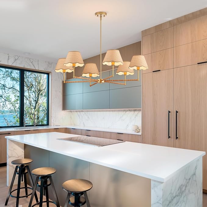 39” Boho Rattan Chandelier 6-Lights Rustic Industrial Pendant Light Large Adjustable Pendant Lighting Fixtures for Kitchen Island Dining Living Room, UL Listed