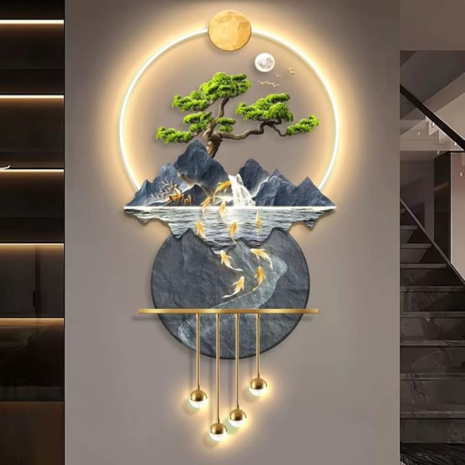 3D Art Wall Decor, Wall Sculptures Hanging Painting Koi Fish Welcoming Pine Wall Art Decoration Lamp,Oriental Decor Traditional Chinese Feng Shui Wall Hanging Painting,Wireless Remote Control