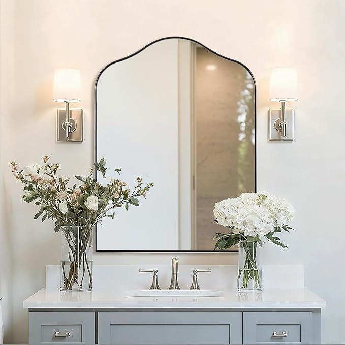 ANDY STAR Scalloped Arched Mirror, 30x40 Polished Chrome Irregular Bathroom Mirror for Vanity, Asymmetrical Curved Top with Anti-Rust Stainless Steel Frame, for Entryway, Bedroom, Mantel, Fireplace