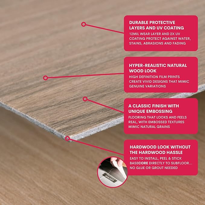 LUCiDA SURFACES Luxury Vinyl Flooring Tiles-Peel and Stick Floor Tile for DIY Installation-Sample Wood-Look Plank-Honey-Basecore-6 inch x 12 inch