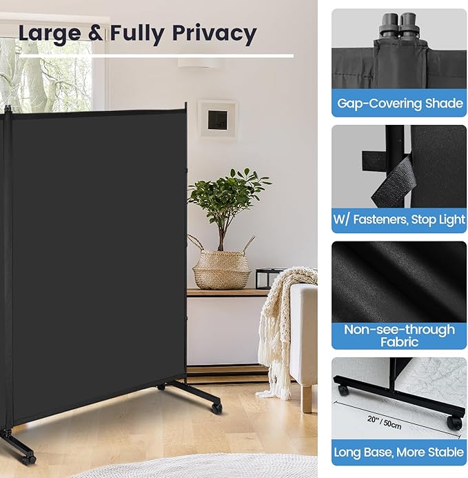 MAYOLIAH Indoor Room Divider 2 Large Panels on Wheels, 142”W x 75”H Rolling Privacy Screen W/Cover Strip, Portable Wall Divider for Home Office Partition, Black
