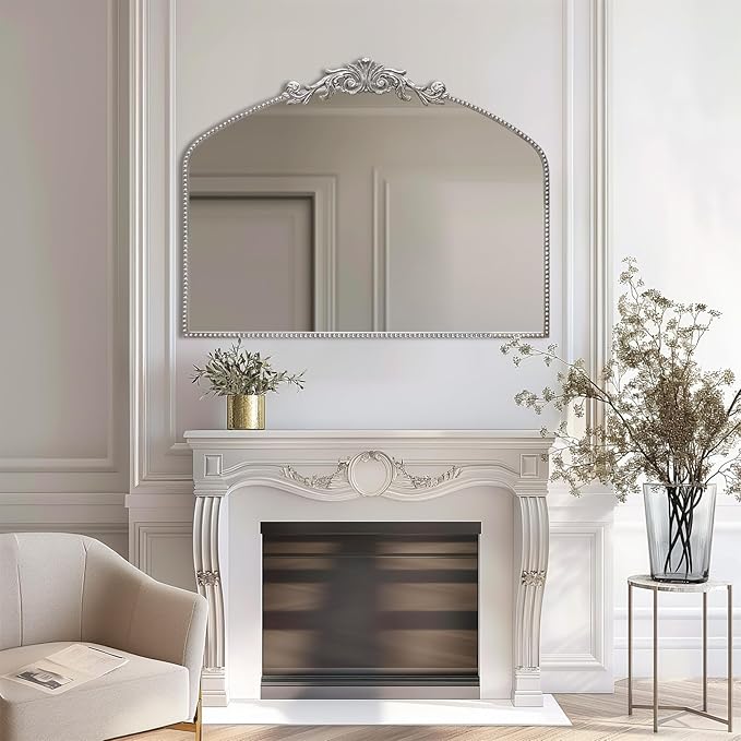 Antique Silver Arch Wall Mirror, 40"x31" Vintage Mantel Mirror with Ornate Metal Frame, Baroque Victorian Mirror for Fireplace/Entryway/Bathroom/Living Room/Hallway
