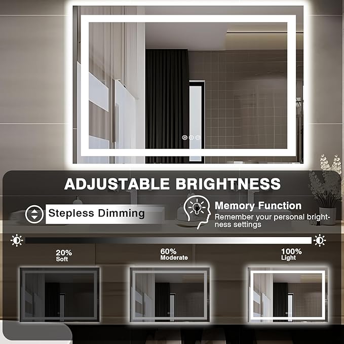 51"x40" Bathroom Light up Mirror, Double Bright Lights Mirror, Anti-Fog Vanity Mirror with Lights, Stepless Dimmable Illuminated, Touch Control, Waterproof (Horizontal/Vertical)