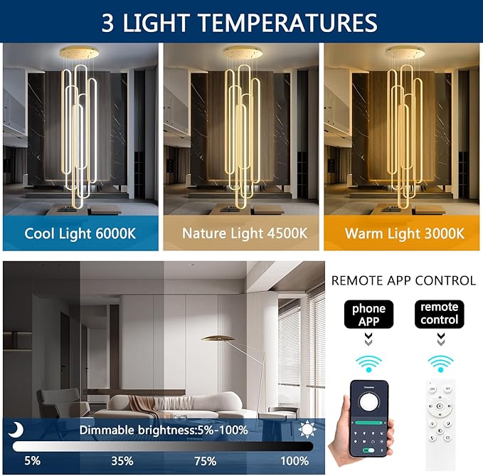 6 Rings Modern Large Chandelier for Staircase High Ceiling Chandelier LED Dimmable Black Chandeliers for Foyer Living Room Villa Gold