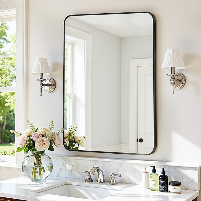 Antok Wall Mirror, 24"x36" Bathroom Vanity Mirror, Anti-Rust HD Tempered Glass, Wall Mounted Mirrors for Living Room, Entryway, Black Frame, Rect