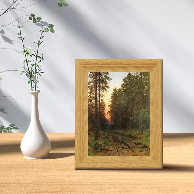 Brivoria Framed Canvas Wall Art Vintage Decor, Rustic Autumn Forest Print with Pine Trees, Muddy Path, Sunset Glow and Water Reflections for Entryway Tabletop or Reading Nook Fall Display, 8"x10"