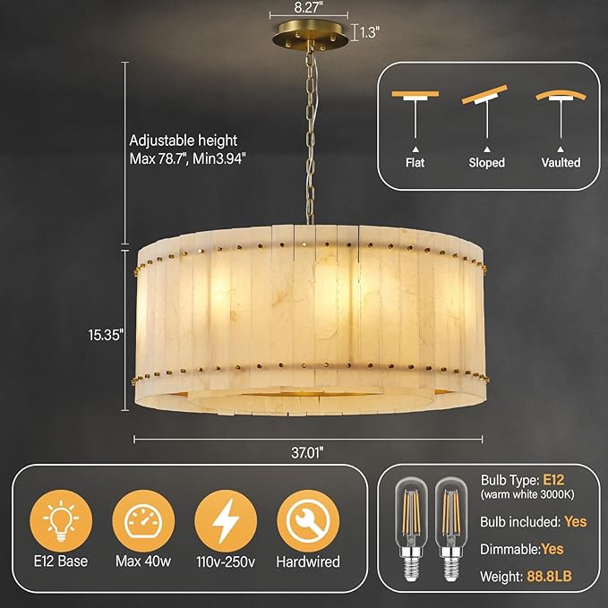 37" Round Alabaster Chandelier, Modern Dining Room Chandeliers with Adjust Height, 8-Light Marble Hanging Pendant Dining Light Fixture for Kitchen Island, Living Room, Bedroom, Foyer, Entryway