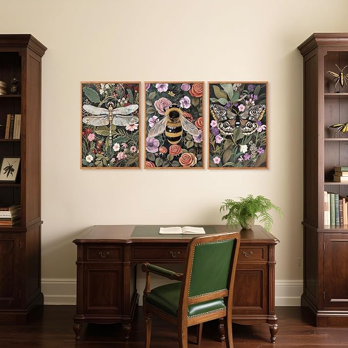 Aurlan Moody Boho Flowers Insect Framed Wall Art(16"x24"), 3PCS Dark Academia Cottage Core Whimsical Bee Butterfly Dragonfly Canvas Artwork, Abstract Vintage Floral Botanical Plant Decor for Home Office Bedroom