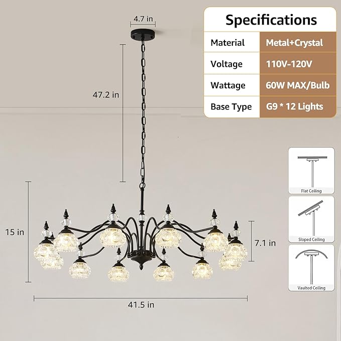 42 Inch Vintage Chandelier, 12-Light Crystal Chandeliers for Dining Room, Vintage Light Fixtures for Living Room, Kitchen Island, Foyer, Bedroom, Victorian Decor, G9