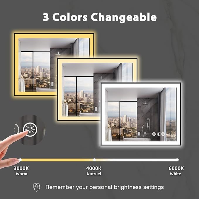 40x32 Bathroom LED Mirror, Black Aluminum Edge Lighted Mirror, 3 Colors Stepless Dimmable Vanity Mirror, Skincare, Anti-Fog, Shatter-Proof, ETL Listed, Memory Smart Mirror(Horizontal/Vertical)