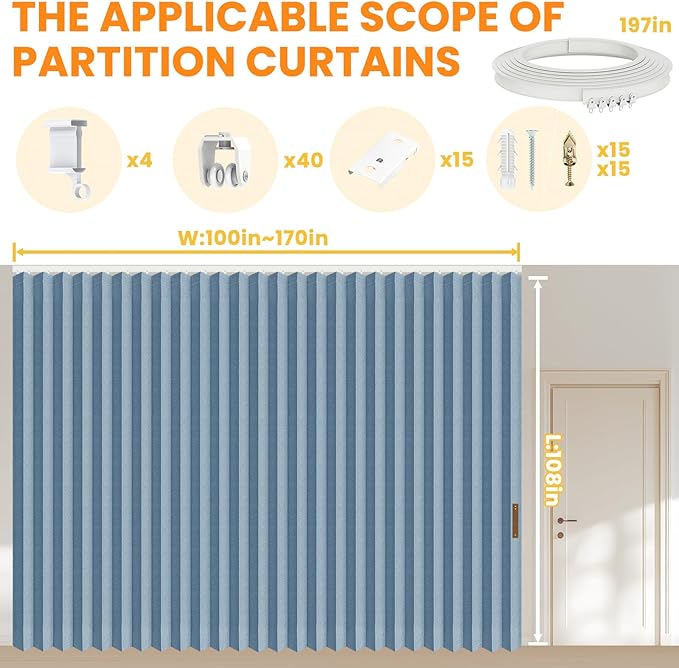 100% Blackout Privacy Room Divider Curtains Thermal Blackout Curtain for Patio Door, Include Ceiling Curtain Track, Bedroom Partition and Shared Office Space(Blue, W180 x L108, 1 Pack)