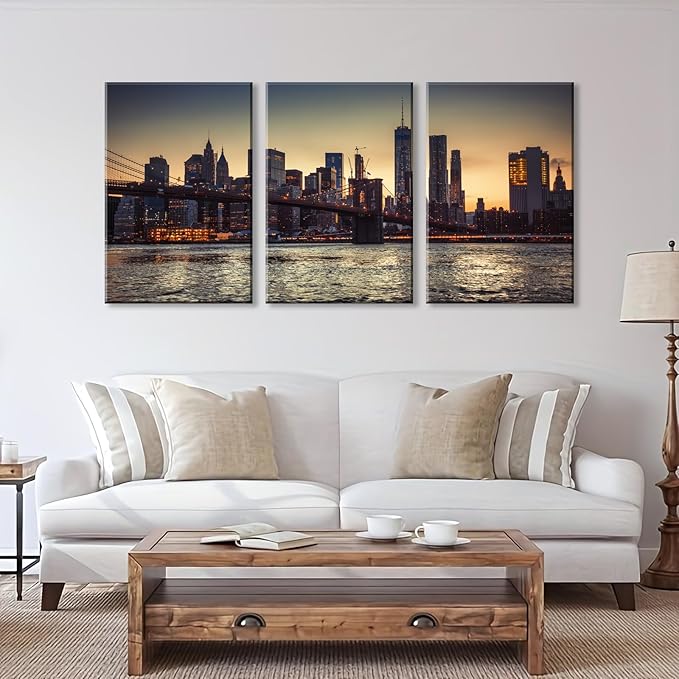NAN Wind 3PCS New York City Skyline Canvas Wall Art Brooklyn Bridge at Sunset Golden Hour Manhattan Cityscape Pictures Canvas Artwork East River Reflection Modern Urban Home Decor Living Room Office