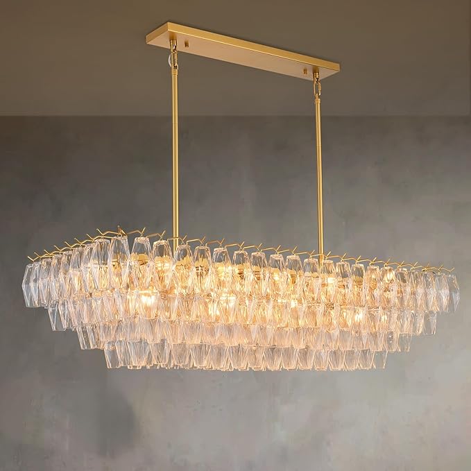 Modern Gold Rectangular Chandeliers for Dining Room, 14-Light 4 Tiered Crystal Brass Chandelier Over Dining Table, Glass Crystal Chandeliers for Kitchen Island, Long Chandelier for Living Room
