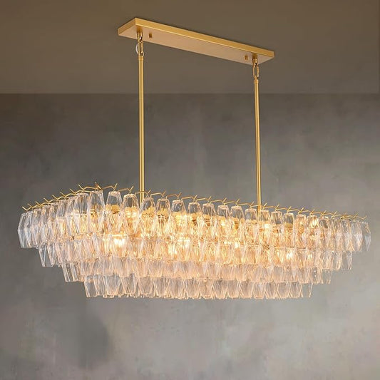Modern Gold Rectangular Chandeliers for Dining Room, 14-Light 4 Tiered Crystal Brass Chandelier Over Dining Table, Glass Crystal Chandeliers for Kitchen Island, Long Chandelier for Living Room